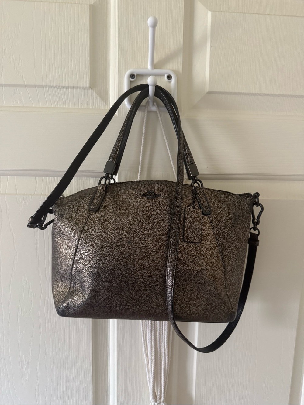 Coach Metallic Pebbled Leather Satchel in Bronze/Black